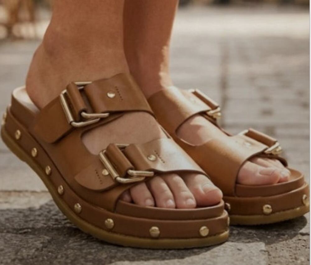 New NWOB BCBGeneration Bamba Brown And Gold Double Buckle Studded Slides Size 9